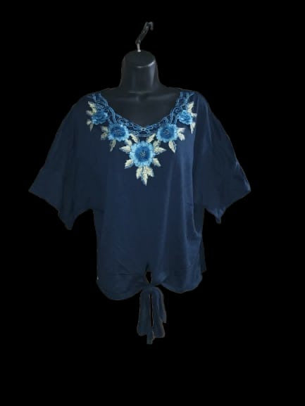 Navy Blue Short-Sleeve Top, Tied to the bottom - M