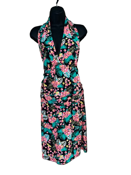Multi Colored Floral Print Halter Dress - L
