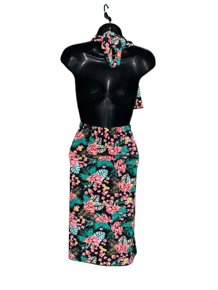 Multi Colored Floral Print Halter Dress - L