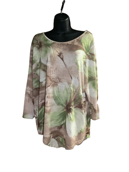 Brown and Green Floral Print Long Sleeve Top - L