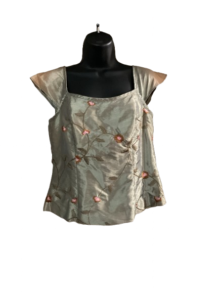 Green Floral Print Satin Top - M