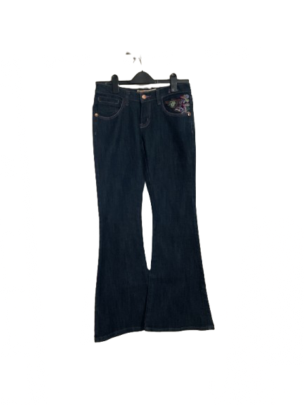 Blue Dark Wash Embroidered Bell Bottom Jeans - M (9/10)
