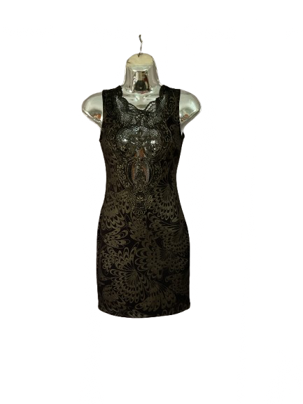 Black & Gold Abstract Print Sleeves Cutout Dress - S