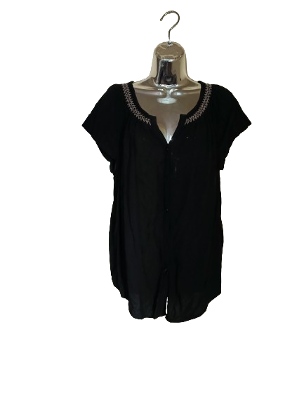 Black Cap Sleeve No Collar Shirt with Gold Neckline Detail - L
