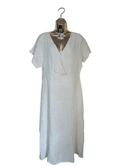 White Short Sleeve Linen Dress - XL