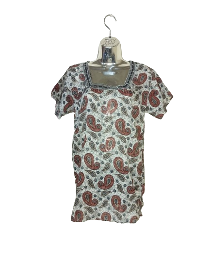 Earth Tones Abstract Print Short Sleeve Top with Sequined Neckline - OS