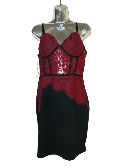 Black n&amp; Burgundy Spaghetti Strap Dress with Lace Detail - L