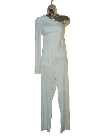 White Button Up One Shoulder Pants Suit - M