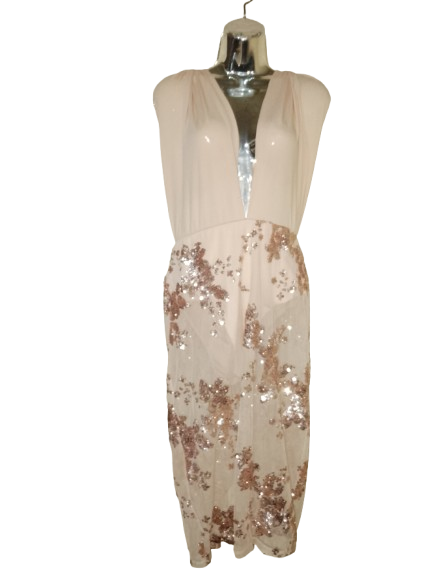 Beige Mesh Bodysuit Halter Dress - L