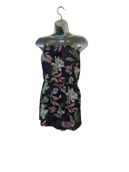 Black Floral Print Strapless Romper - S