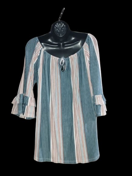 Blue, White, Brown, Mid- Sleeve Top - 1XL