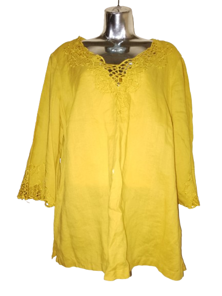 Mustard Lino USA Long Sleeve Top W Detail - 1X