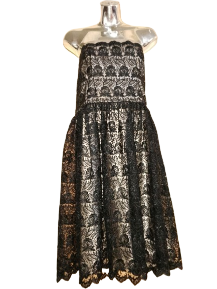 Black &amp; Beige Strapless Lace Dress - L