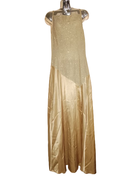 Gold Silk Thin Strap Semi-Formal Dress W Gems &amp; Slit - L
