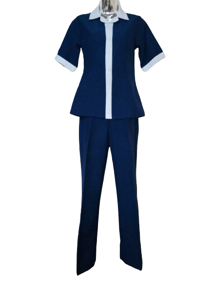 Dark Blue &amp; White Button Up Pants Suit - S