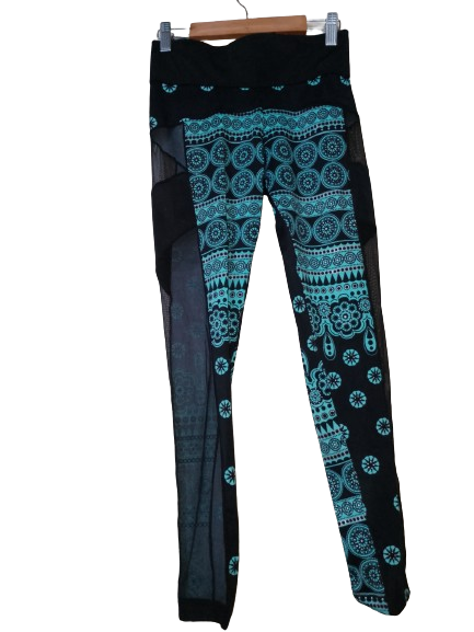 Teal &amp; Black Mandela Design Mesh Leggings - S
