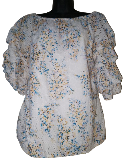 White, Blue &amp; Yellow CeCe 3/4 Sleeve Top - M