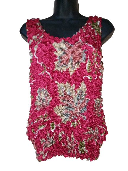 Red &amp; Green Floral Sleeveless Silk Top - L