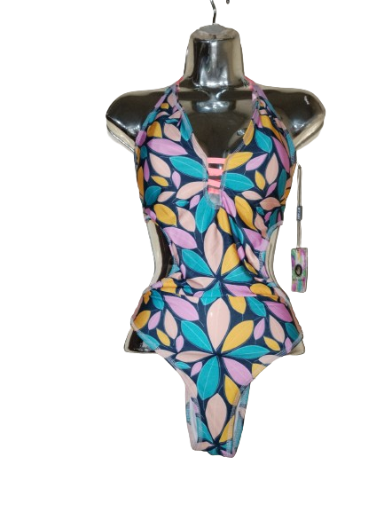 Blue, Black, Cream &amp; Neon Orange SwimWear - L