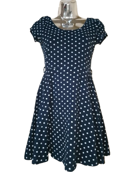 Blue & White Polka Dot 'Iris' Short Sleeve Dress - M