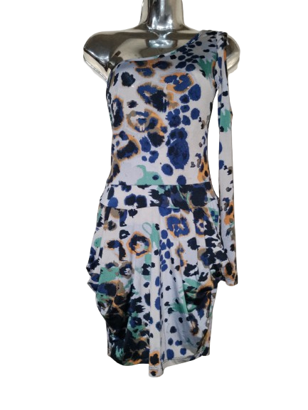 Multicolored Cold Shoulder Long Sleeve Dress W Pockets  - S
