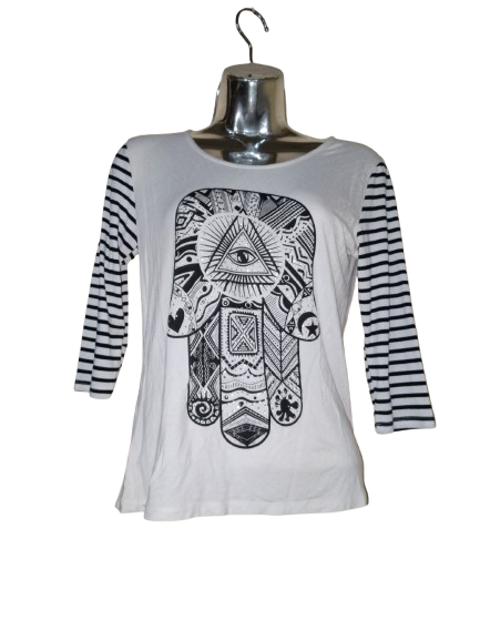 Black & White Long Sleeve Top W Hand Design - L