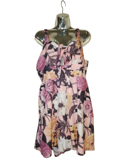 Pink Floral Sleeveless Romper W Tie- 2X