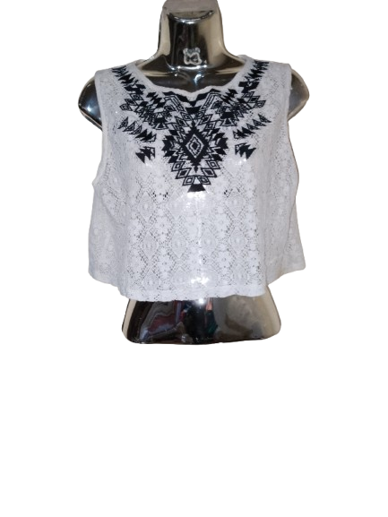 White Lace with Black Detail Crop Top - M