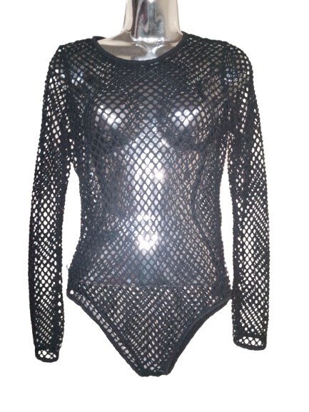 Black Netted Long Sleeve Bodysuit - L