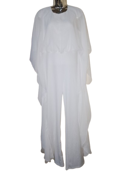 White Elegant Jumpsuit with Sheer Cape Top & Ruffled Details on Pants - XL