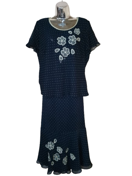 Navy & Mint Green Skirt Suit with Embroidered Floral Detail - L