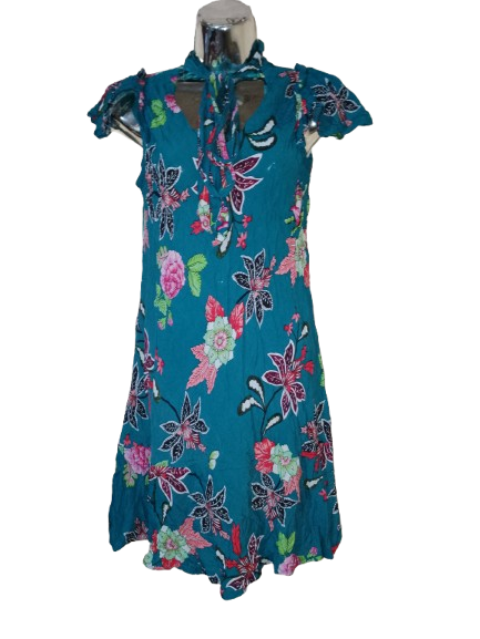 Teal Floral Print Cap Sleeve Dress - L