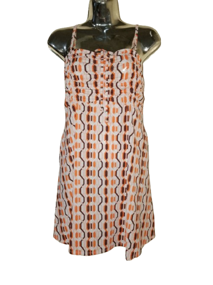 Orange, White & Brown Spaghetti Strap Dress with Pockets - L