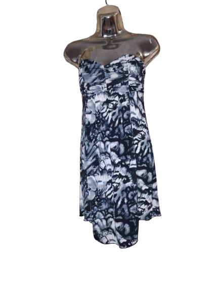 Black, Grey & White Abstract Print Strapless Dress - S