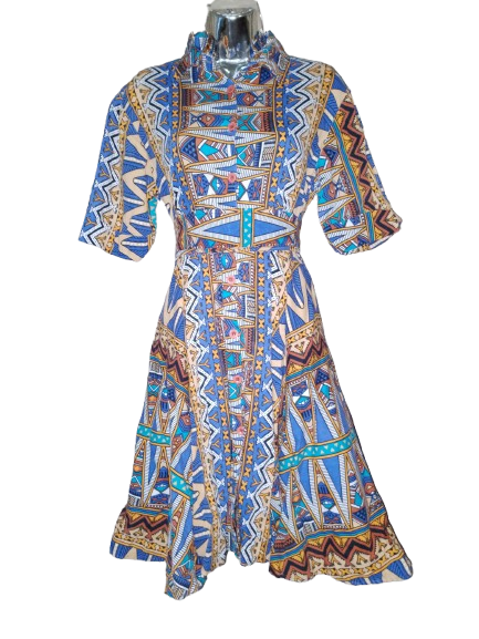 Blue Multicoloured African Print Short Sleeve Belted Dress - M