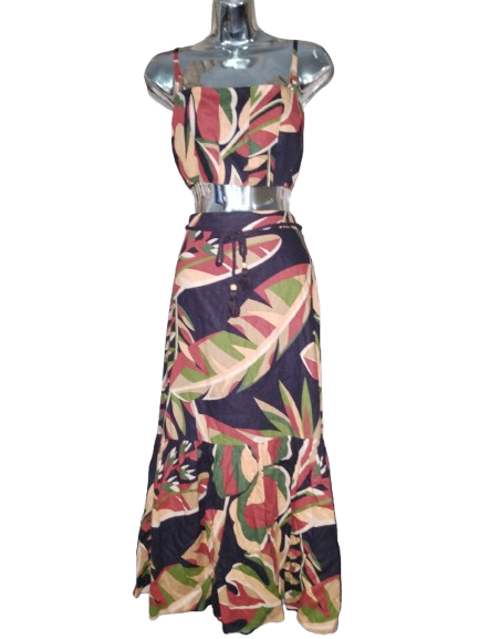 Multicolured Abstract Print Crop Top & Maxi Skirt Suit - M