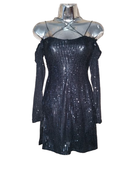 Black Sequin Cold Shoulder Mini Dress - S