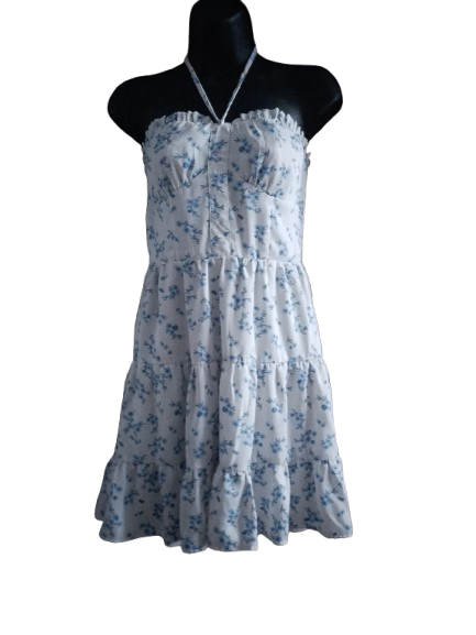 Blue & White Floral Print Halter Dress - S