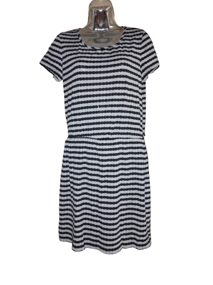 Black & Grey Striped Short Sleeve Dress - M