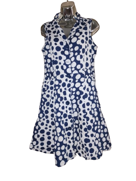 Navy & White Polka-dot Sleeveless Dress with Pockets - M