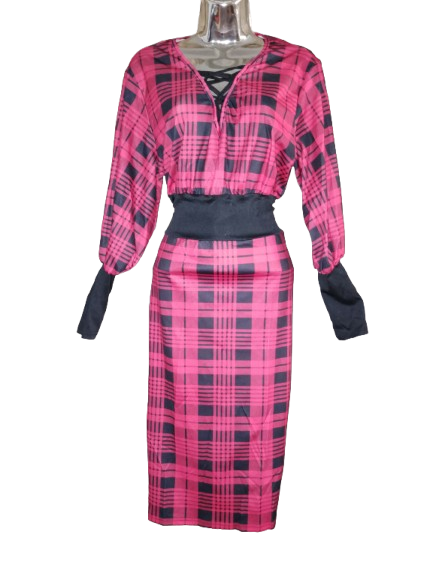 Red & Black Long Sleeve Dress - L