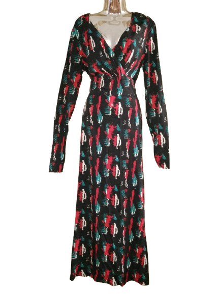 Black & Multicoloured Long Sleeve Maxi Dress - L