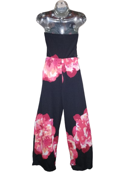 Black & Red Floral Print Strapless Jumpsuit - 1X