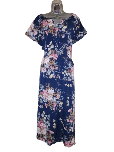 Navy Blue Floral Print Cap Sleeve Maxi Dress - 1X