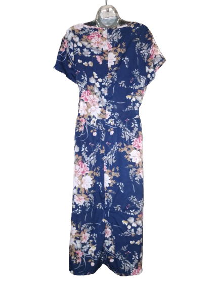 Navy Blue Floral Print Cap Sleeve Maxi Dress - 1X