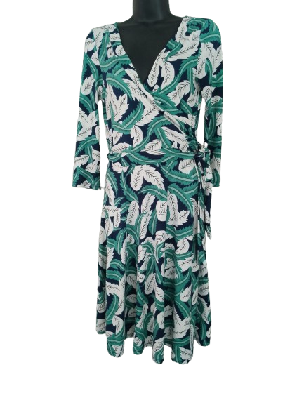 Green, Navy & Cream Leaf Print 3/4 Sleeve Faux Wrap Dress - M
