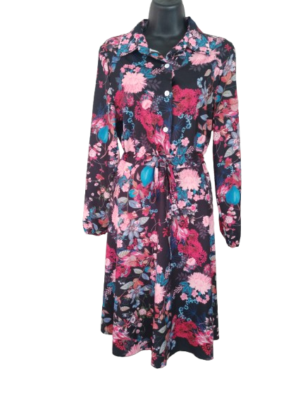 Black & Multicoloured Floral Print Long Sleeve Dress - M