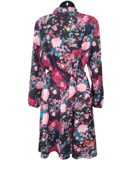 Black & Multicoloured Floral Print Long Sleeve Dress - M