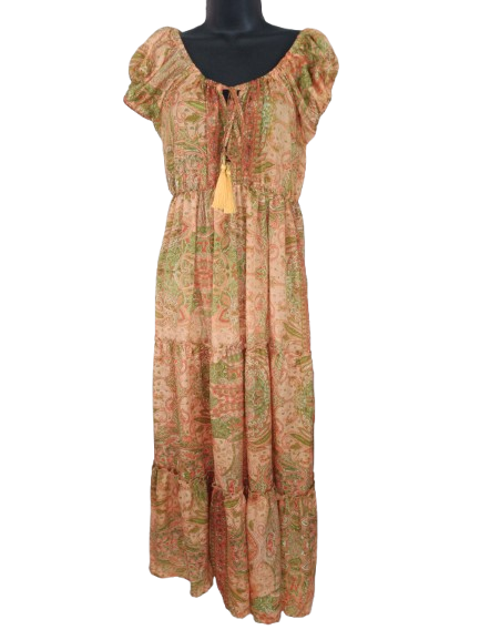 Orange & Green Abstract Print Short Sleeve Maxi Dress - One Size