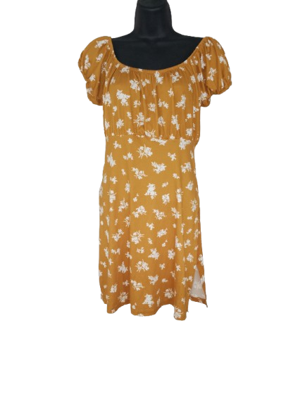 Mustard & Cream Short Sleeve Dress with Slits - L